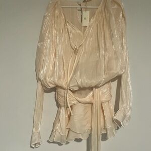 Sheer Cream Long-Sleeve Tie-Waist Women's Dress